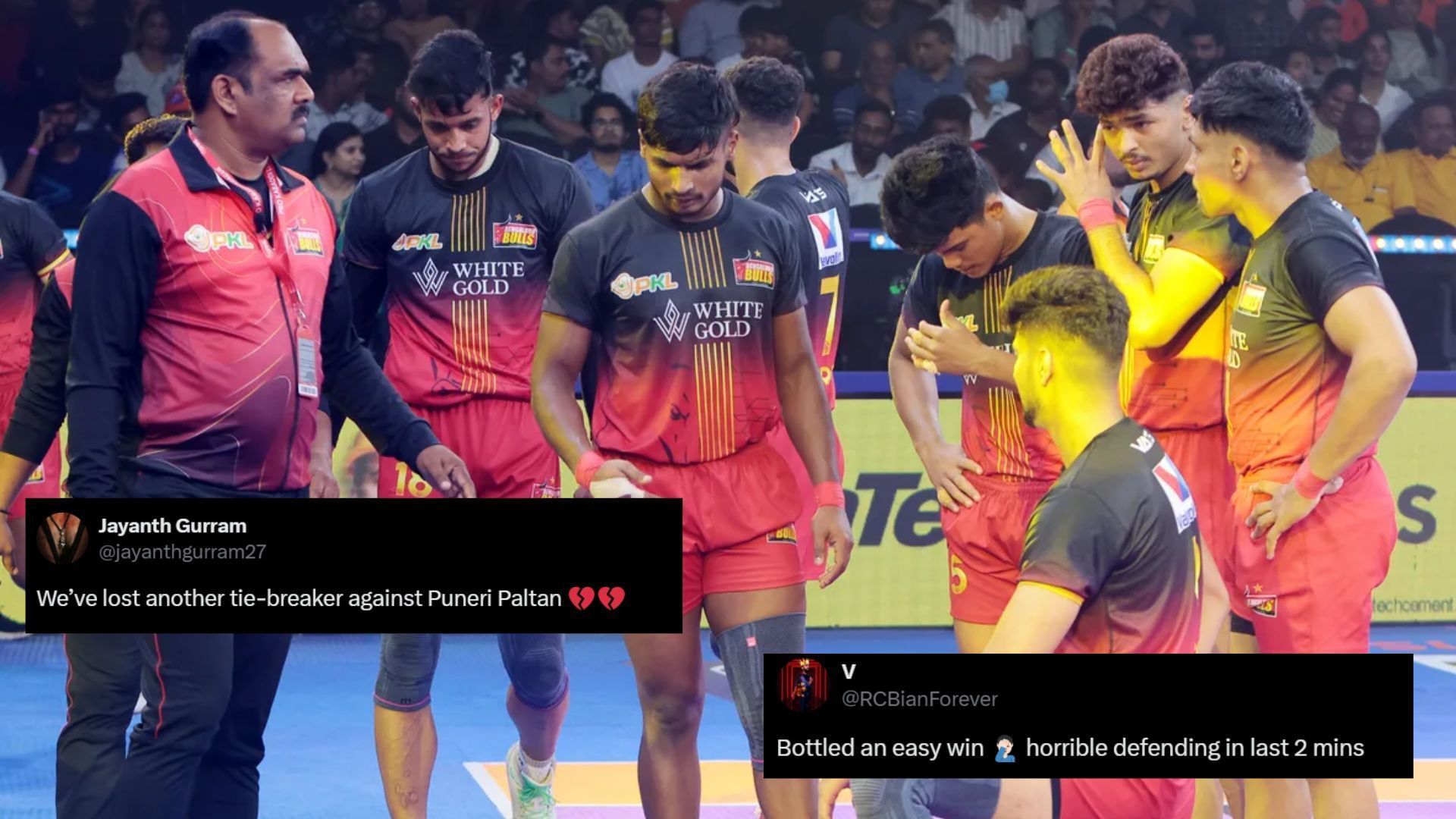 Bengaluru Bulls suffered a tie-breaker defeat against Puneri Paltan (Image Credits: PKL &amp; @jayanthgurram27,@RCBianForever/X)
