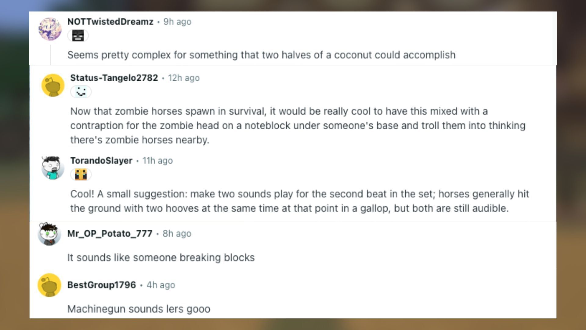 Redditors react to Minecraft machine that makes horse running sounds (Image via  Reddit)
