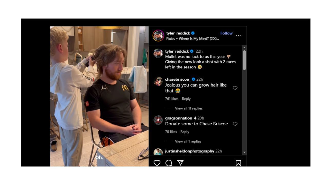 Chase Briscoe comments on Tyler Reddick&#039;s post - via @tyler_reddick on Instagram