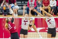 Nebraska volleyball players at the 2024 NCAA Regional Finals at the Devaney Center in Lincoln, NE. (Photo by Getty Images)
