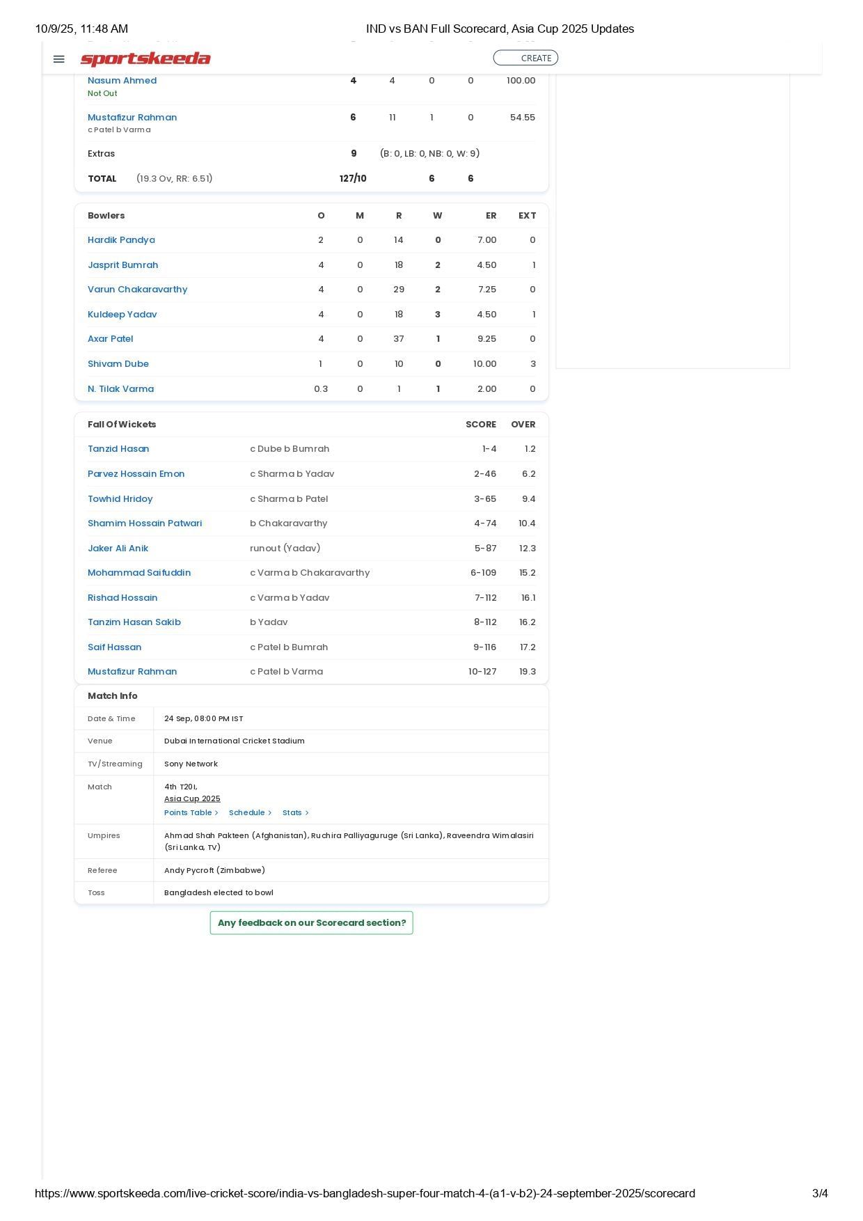 IND vs BAN scorecard. [Source: Sportskeeda]
