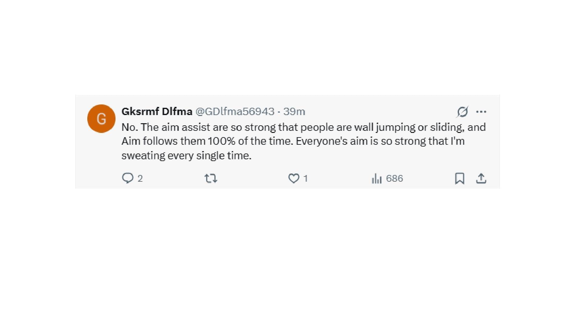 User explaining the unfair aim assist as the biggest concern after the implementation of the new skill-based matchmaking system (Image via X@GDlfma56943)