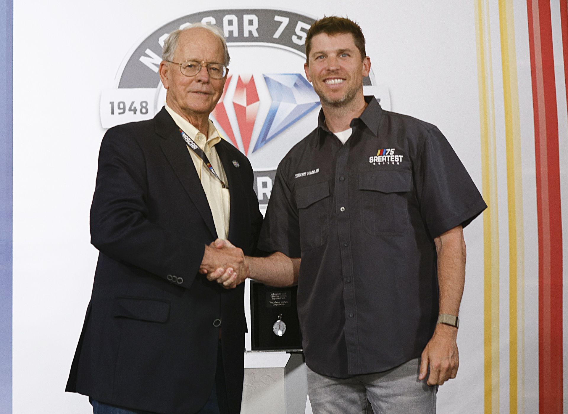 NASCAR CEO Jim France (L) and Denny Hamlin on May 14, 2023, in Darlington. Source: Getty