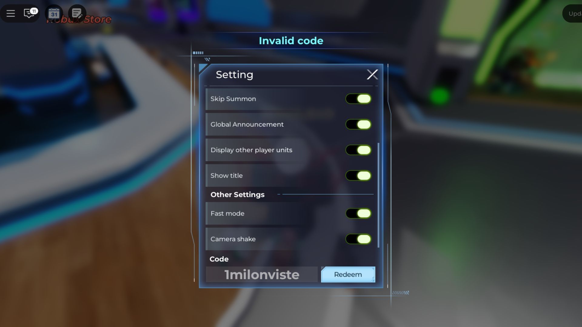 The &quot;Invalid Code&quot; error message (Image via Roblox)