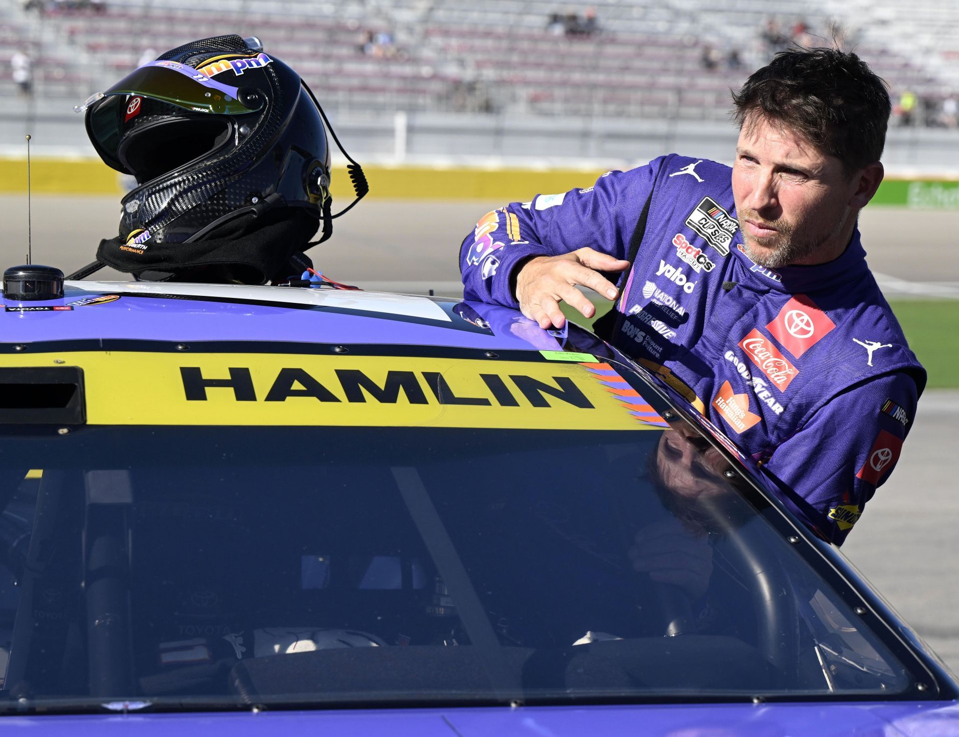 Denny Hamlin (11) after his pole-winning run for the South Point 400. Source: Getty