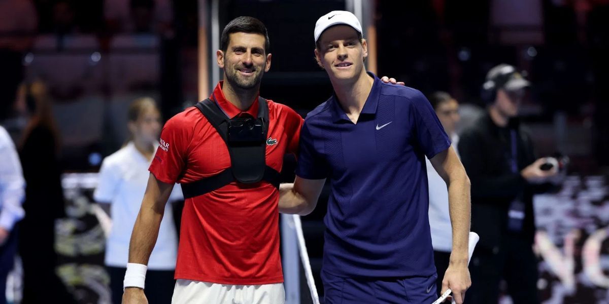 Novak Djokovic (left) and Jannik Sinner (right) at the 2025 Six Kings Slam