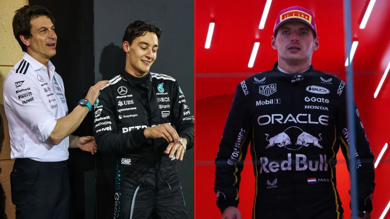 Toto Wolff, George Russell, and Max Verstappen | Image via Getty