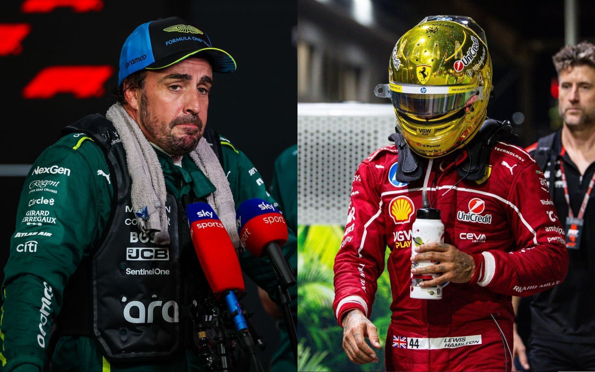 Fernando Alonso (L) and Lewis Hamilton (R) at the 2025 Singapore GP race weekend