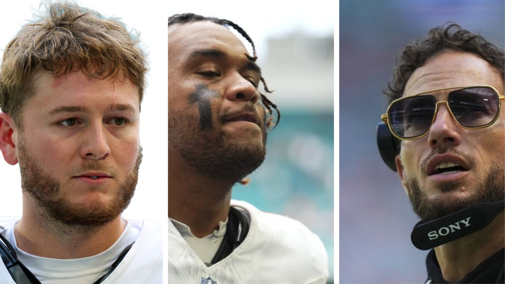 Miami Dolphins quarterbacks Quinn Ewers and Tua Tagovailoa, and coach Mike McDaniel