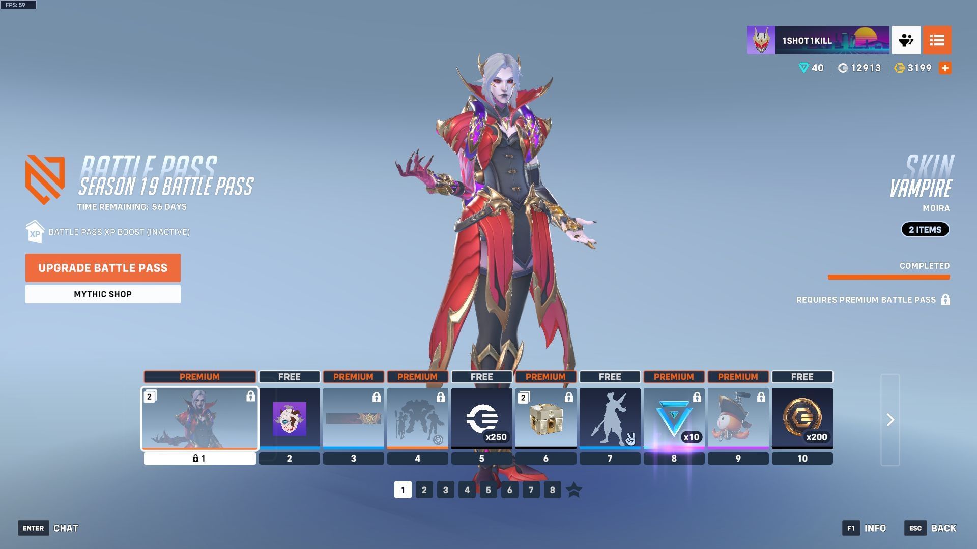 The first unlock upon purchasing the Premium Battle Pass will be the Legendary Vampire Moira skin (Image via Blizzard Entertainment)