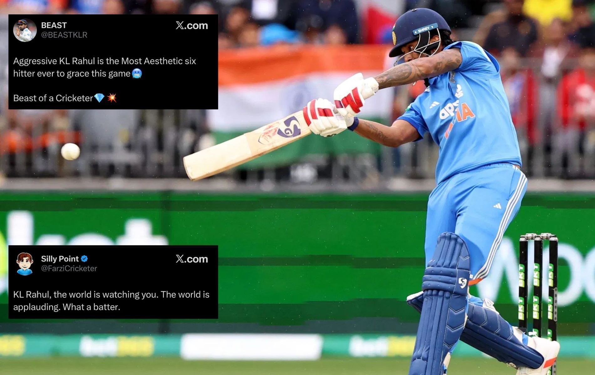 KL Rahul scored 38 runs off 31 balls. (Pics: Getty Images/X/@BEASTKLR/@FarziCricketer).