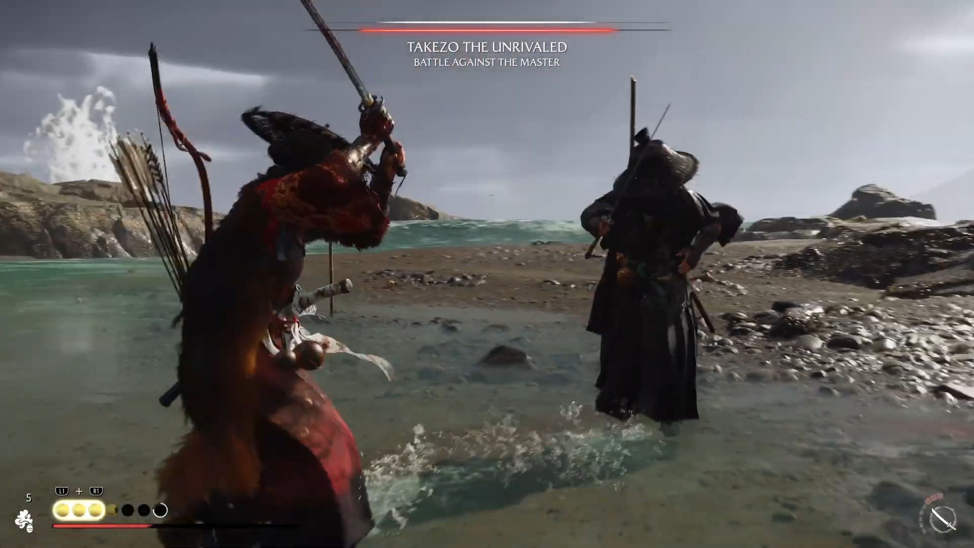 Takezo crouches, then steps twice before striking. Wait for the actual swing before parrying (Image via Sportskeeda Gaming || Sucker Punch)