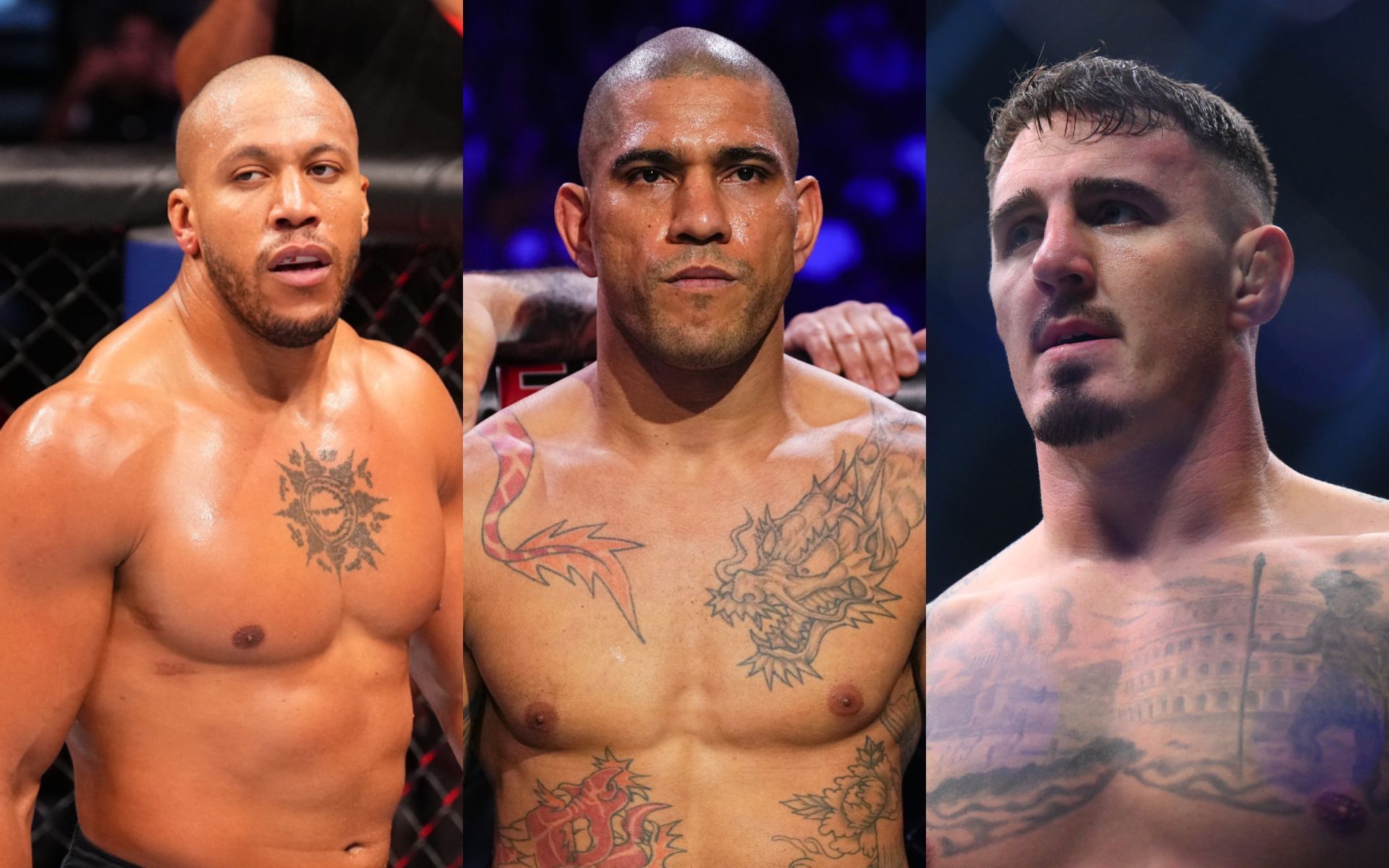 Alex Pereira (middle) previews Tom Aspinall (right) and Ciryl Gane (left) title fight. [Images courtesy: Getty Images]