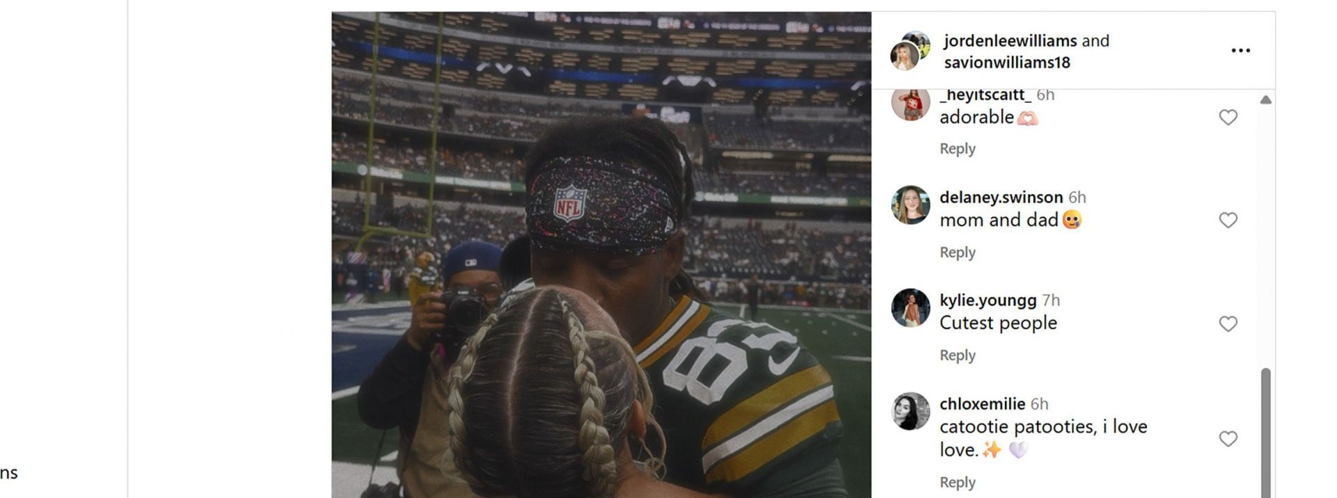 Jack Bech&rsquo;s GF, Kylie Young, reacted to Savion Williams&rsquo; sideline kiss with wife, Jorden Lee/@jordenleewilliams