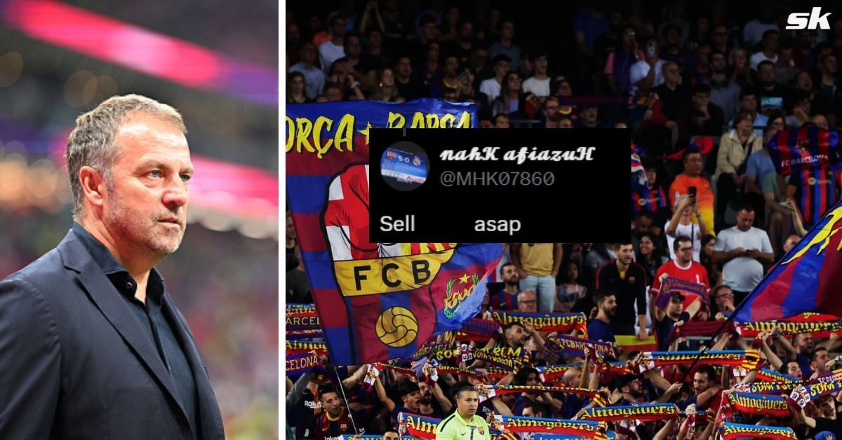 L to R: Hansi Flick and Barcelona fans (Images via Getty and X/@MHK07860)