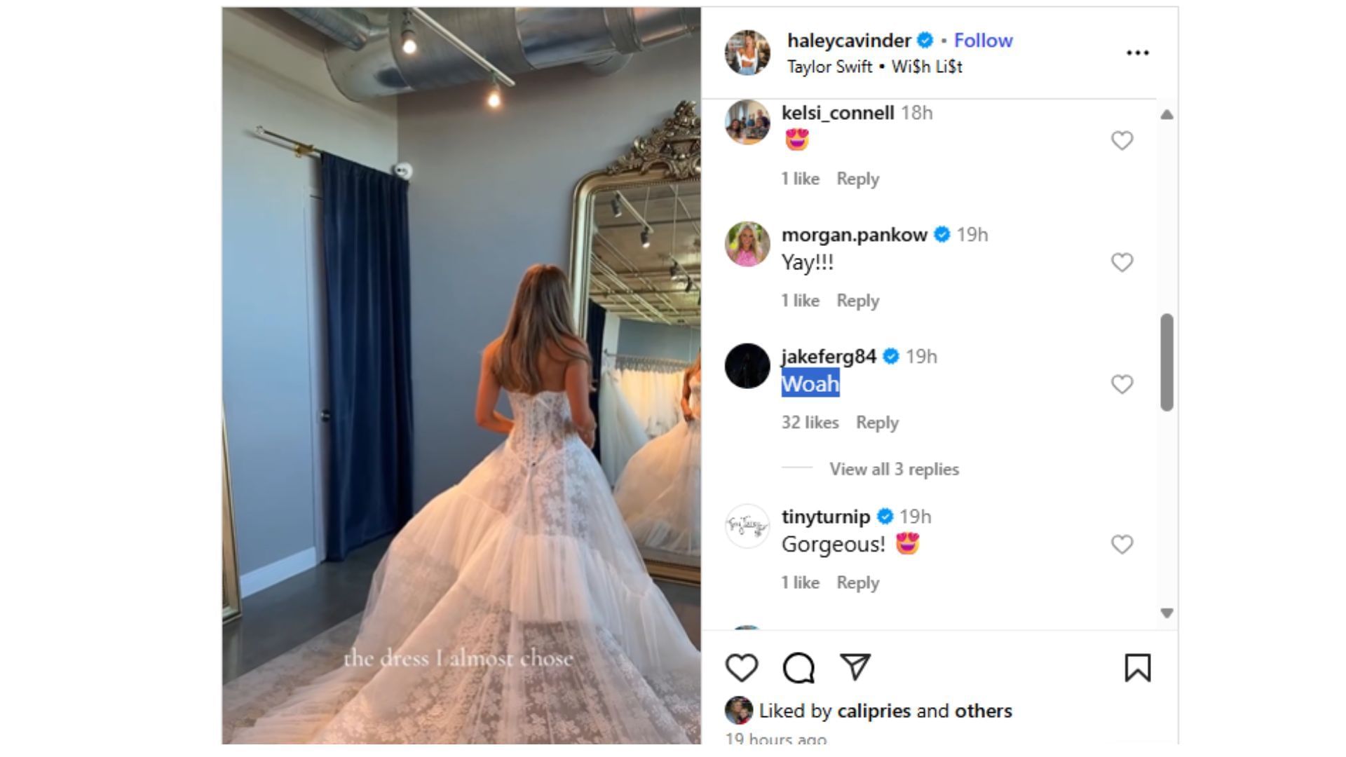 Jake Ferguson shared his response to seeing the runner-up wedding dress. (Comment vis Haley Cavinder&#039;s Instagram)