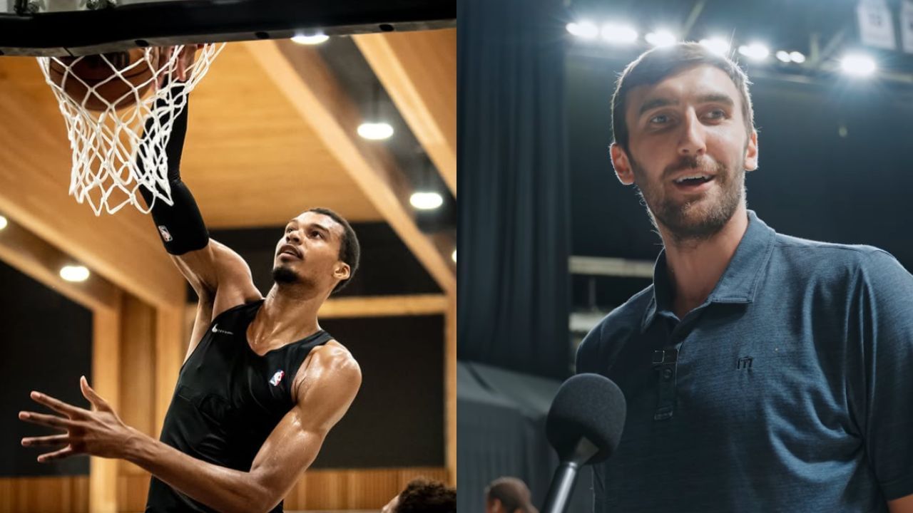 &quot;Watch: Spurs working on Victor Wembanyama chemistry with Luke Kornet.&quot; [photo: @spurs/IG]