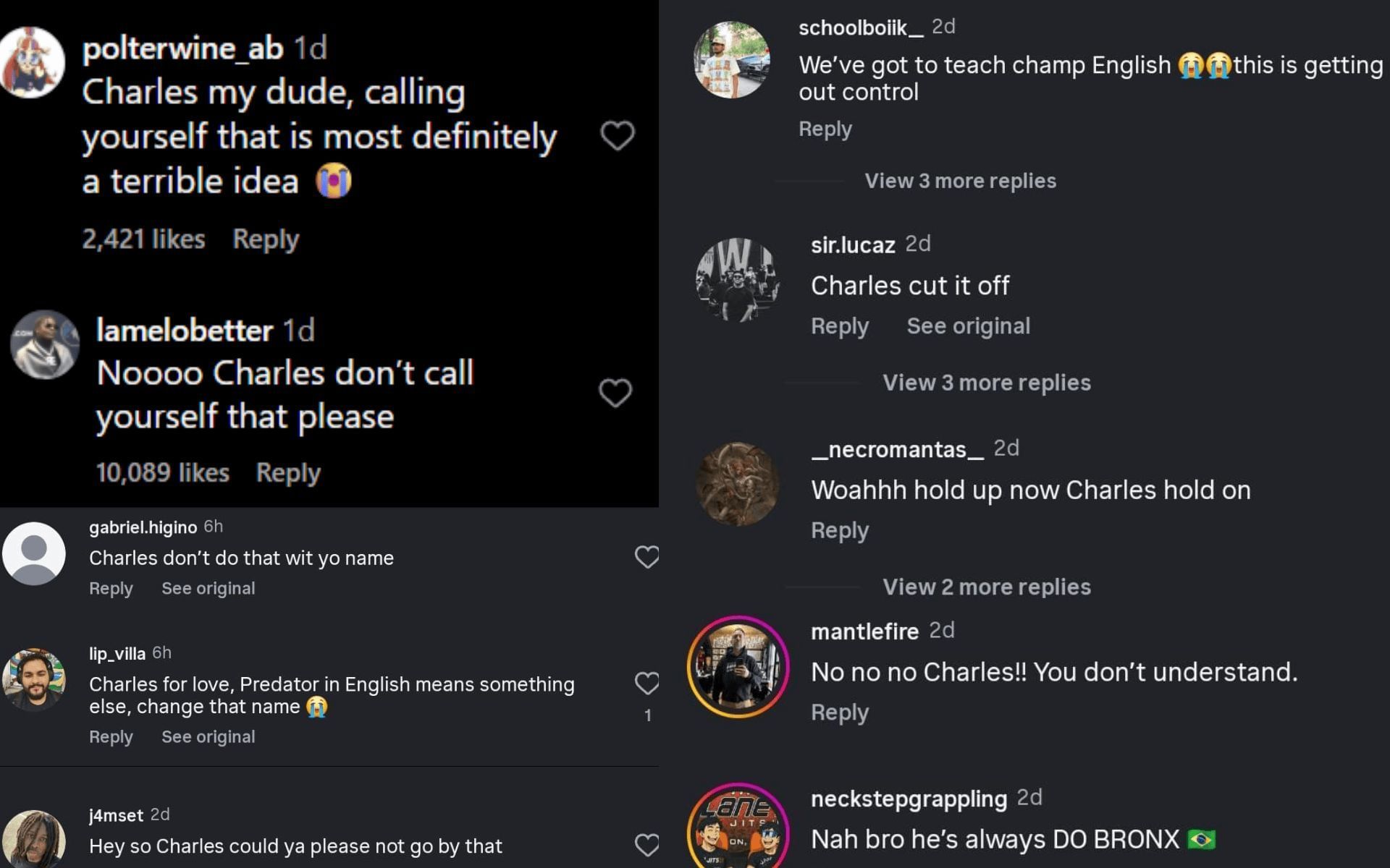 Fans&#039; reaction to Charles Oliveira&#039;s new nickname. [Screenshots courtesy: @charlesdobronxs on Instagram]