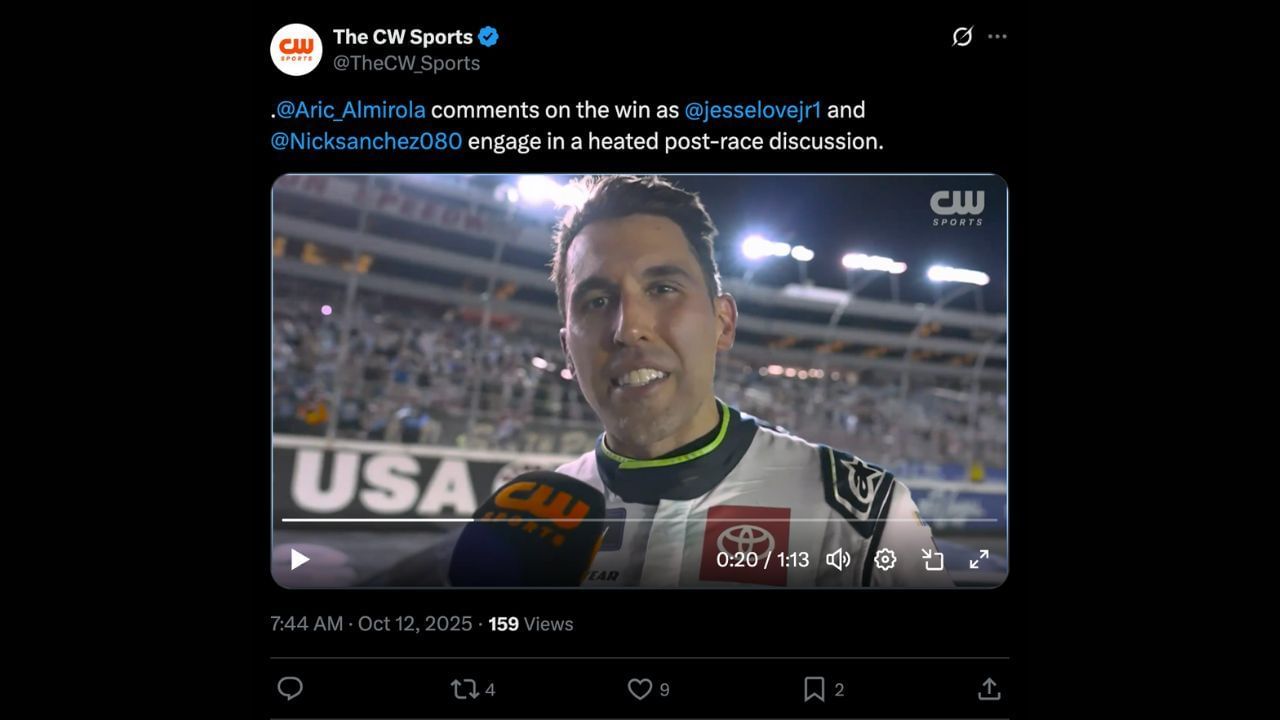 Aric Almirola&#039;s post-race interview at Las Vegas. Source:@X/TheCWSports