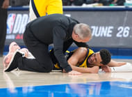 Indiana Pacers guard Tyrese Haliburton (0) reacts after suffering an injury during the first quarter against the Oklahoma City Thunder during game seven of the 2025 NBA Finals at Paycom Center. Mandatory Credit: Kyle Terada-Imagn Images