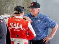 Ty Gibbs ( 54 ) talks with his grandfather, Joe Gibbs, at the Brickyard 400. Source: Imagn