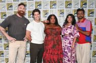 Punam Patel (second from right) with the cast of Ghosts at the San Diego Comic Con (Image via Getty)