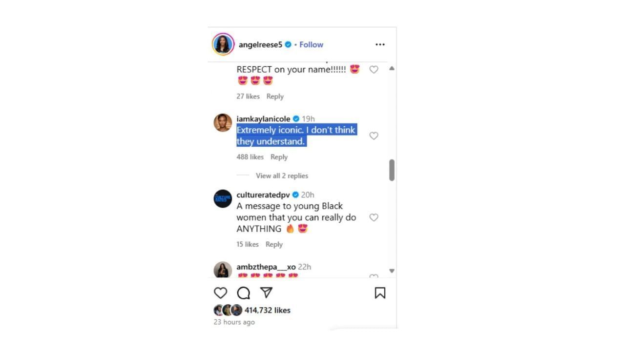 Kayla reacted to Angel Reese&#039;s apppearance at the Victoria&#039;s Secret Fashion Show. (Comment via Angel Reese&#039;s Instagram)