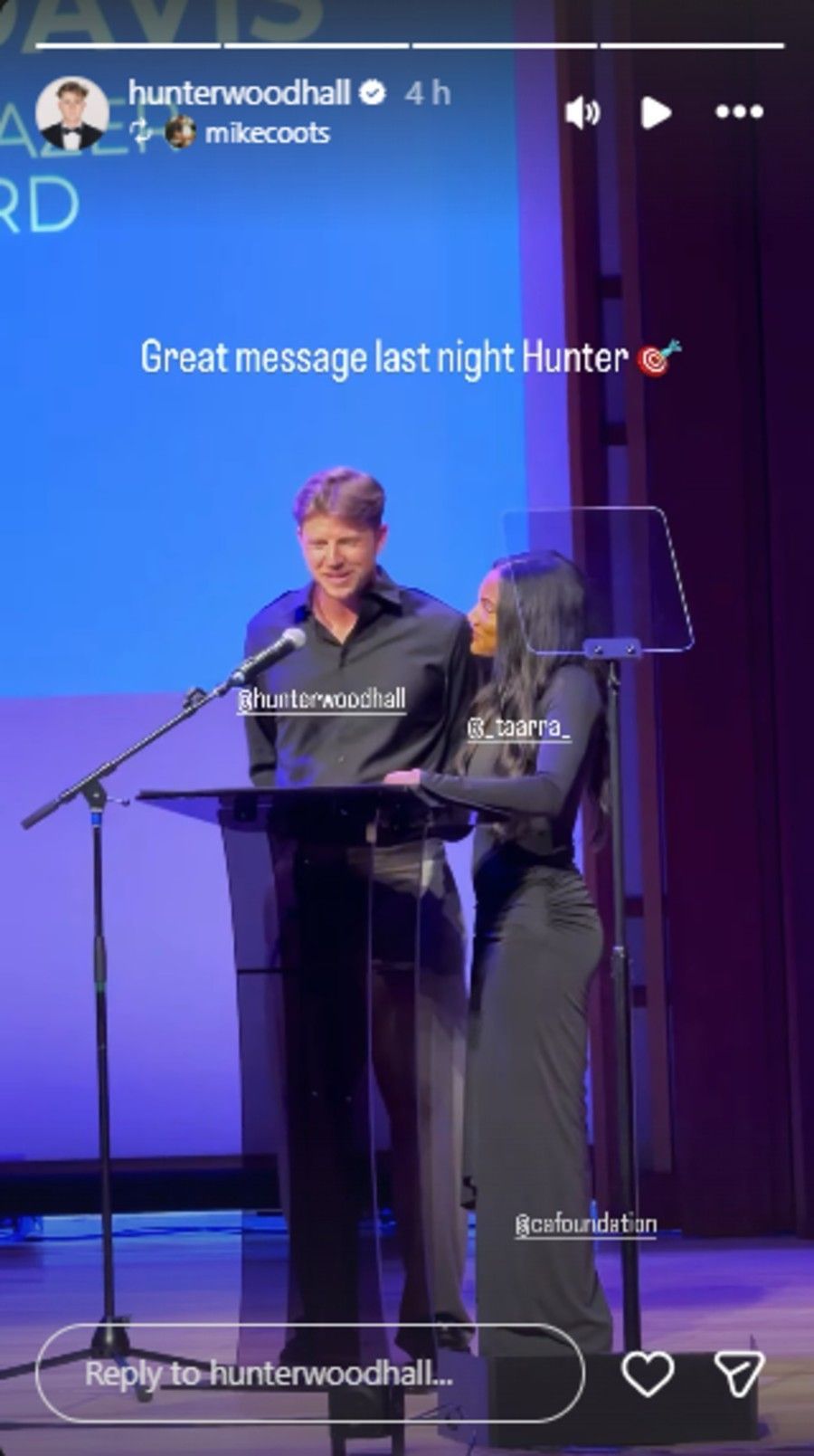 Screenshot of Woodhall's Instagram story. (Photo by Instagram @hunterwoodhall)