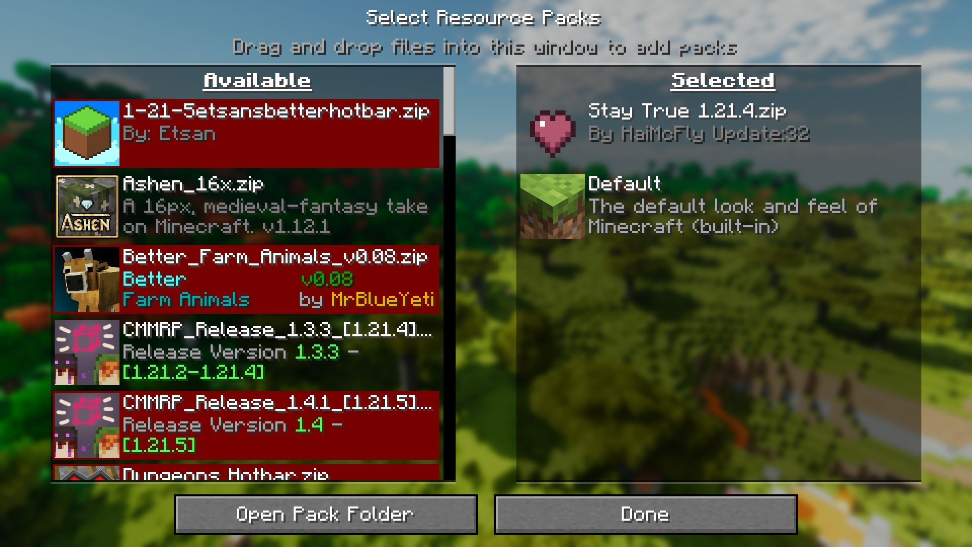 Simply place the Minecraft Stay True texture pack in your Resource Pack folder and add it to the selected section (Image via Sportskeeda Gaming || Mojang Studios/haimcyfly)