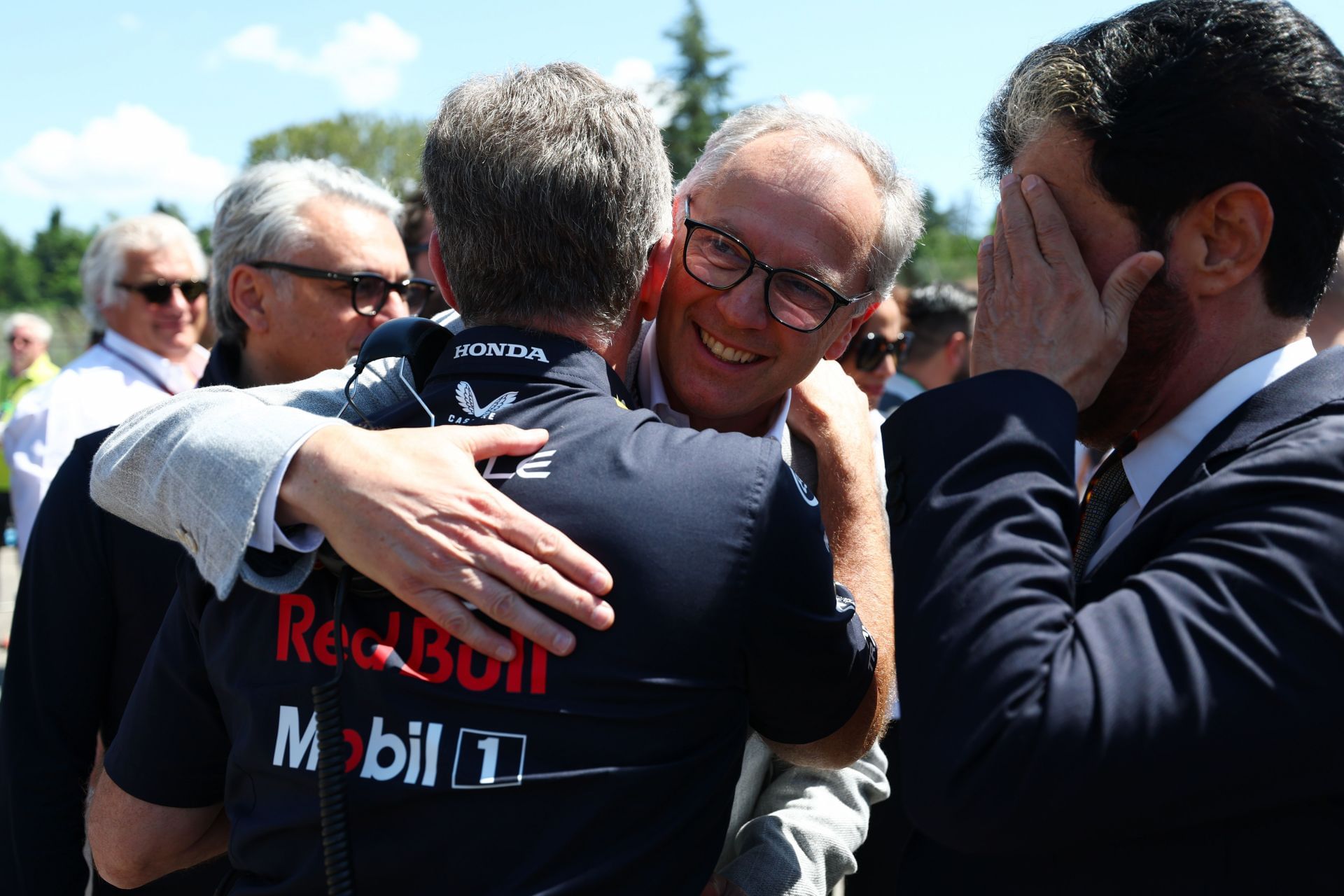 Former Red Bull Team Principal, Christian Horner, F1 CEO Stefano Domenicali, and FIA President Mohammed ben Sulayem at Imola. Source: Getty