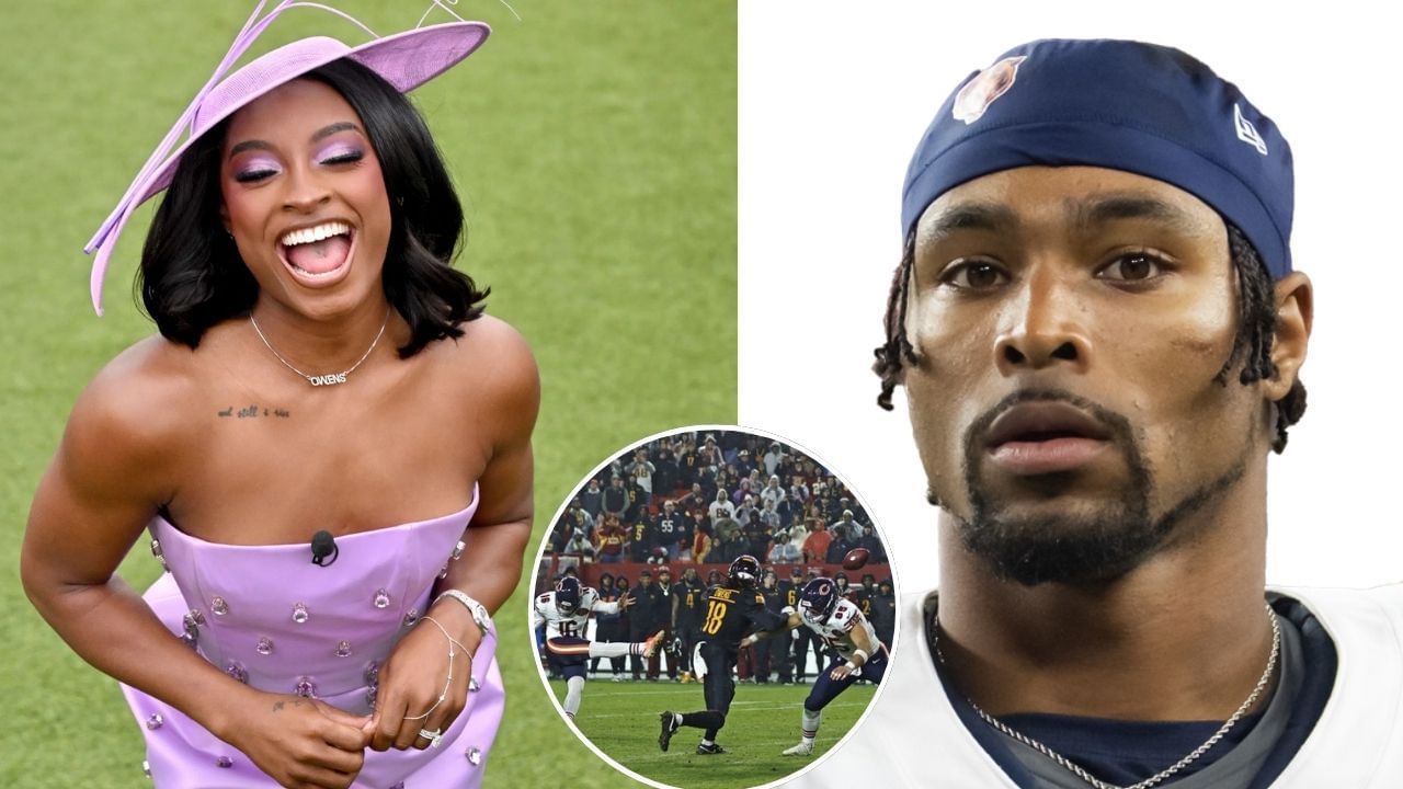 Simone Biles styles $4200 Dior bag with $35,950 Audemars Piguet watch in custom Bears outfit while cheering for hubby Jonathan Owens on MNF
