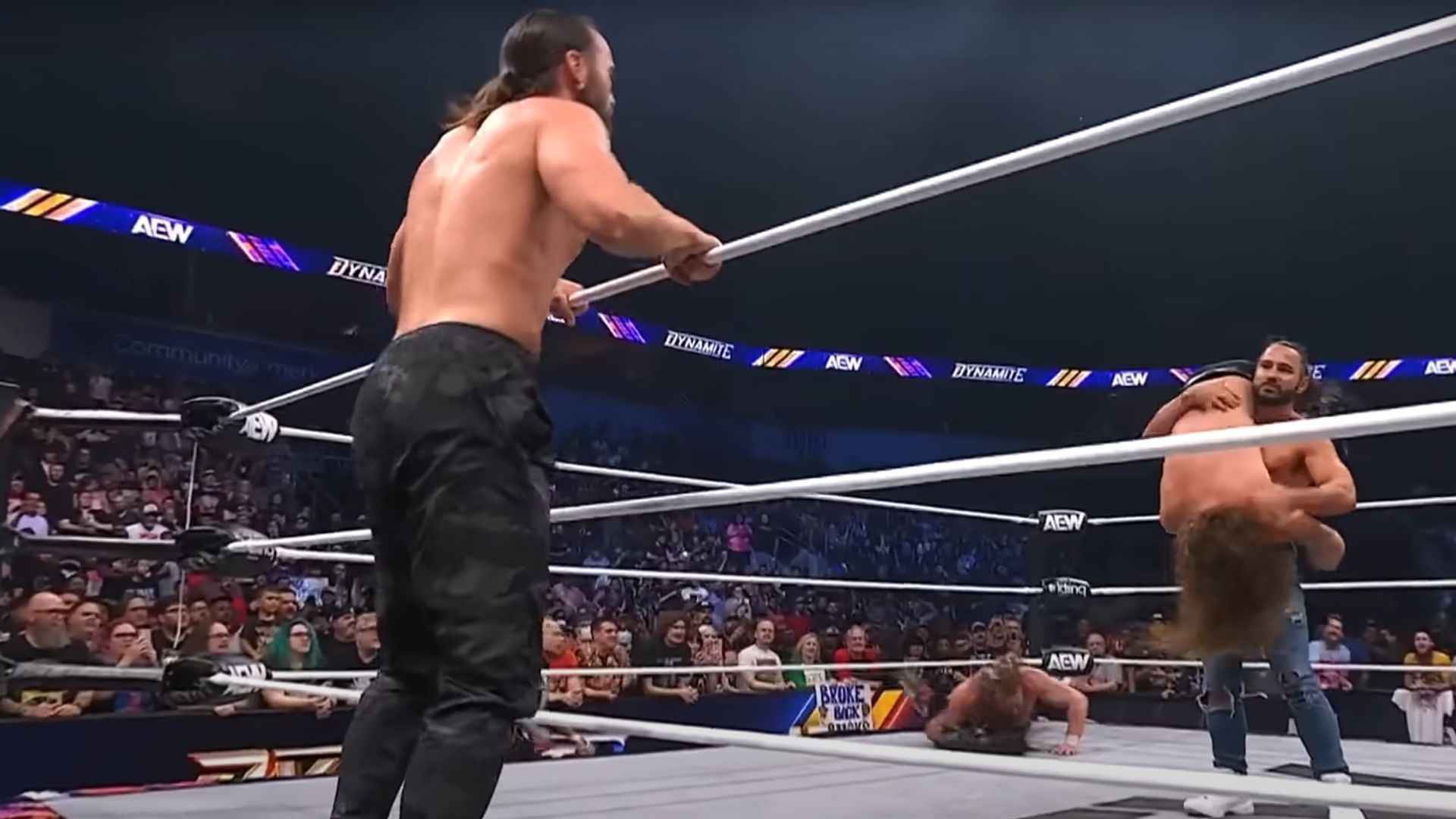 The Young Bucks trying to deliver a TK Driver on Jack Perry [Image Credits: AEW&#039;s YouTube channel]