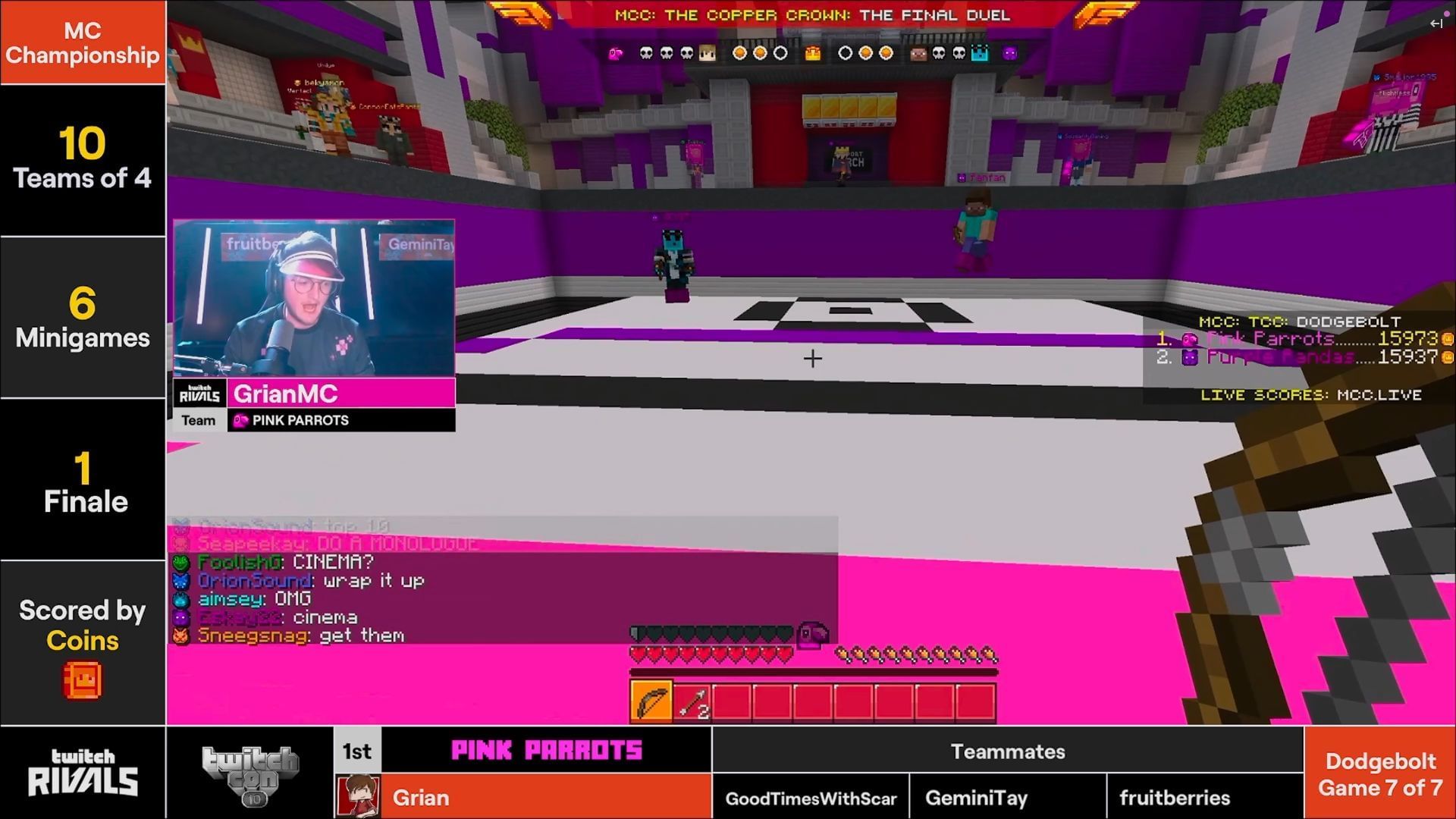 Grian took the final two shots and led the Pink Parrots to victory in the Minecraft Championship (MCC) The Copper Crown 2025 (Image via Twitch.com)