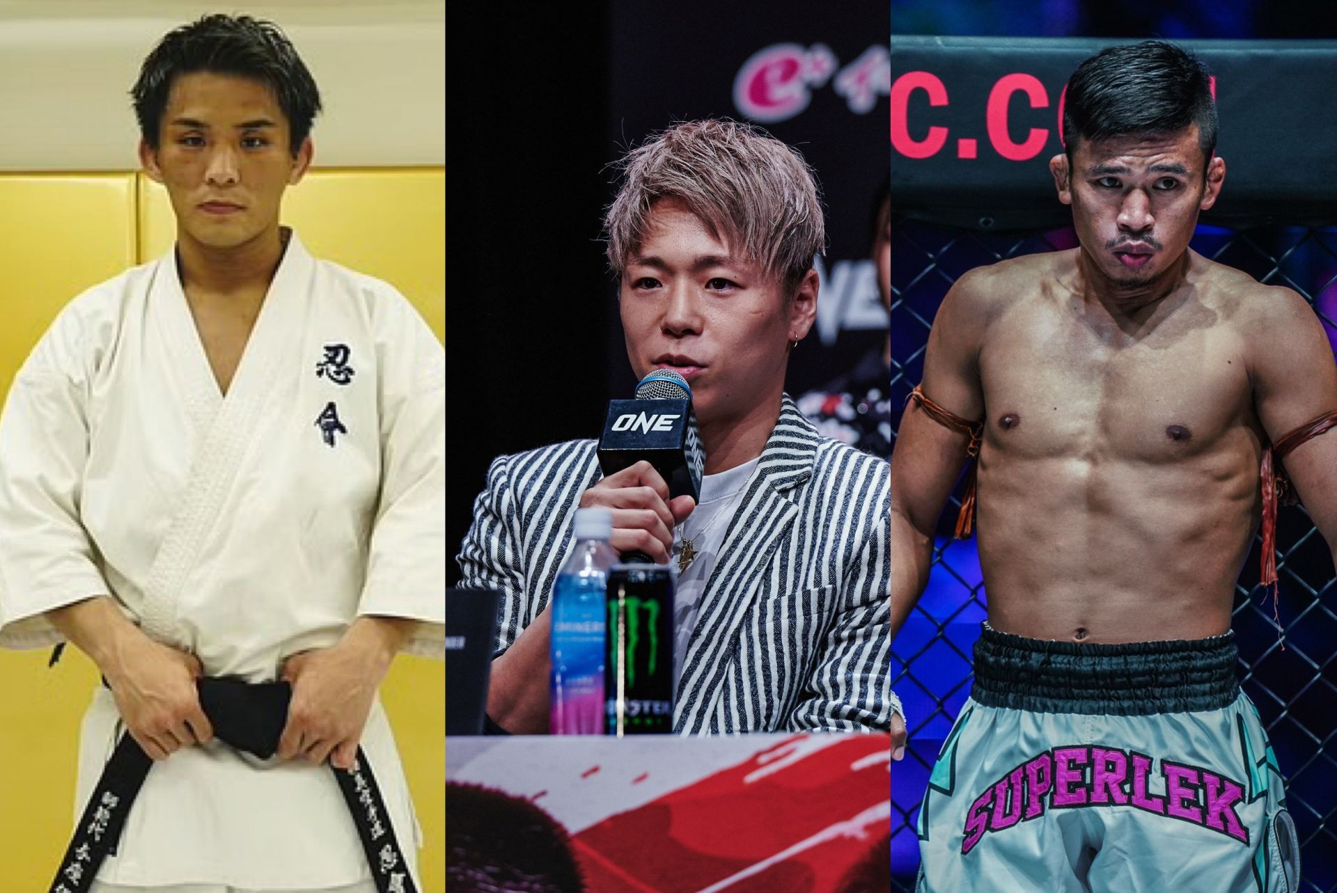 (From left) Yuki Yoza, Takeru Segawa, and Superlek Kiatmoo9. [Images: ONE Championship]