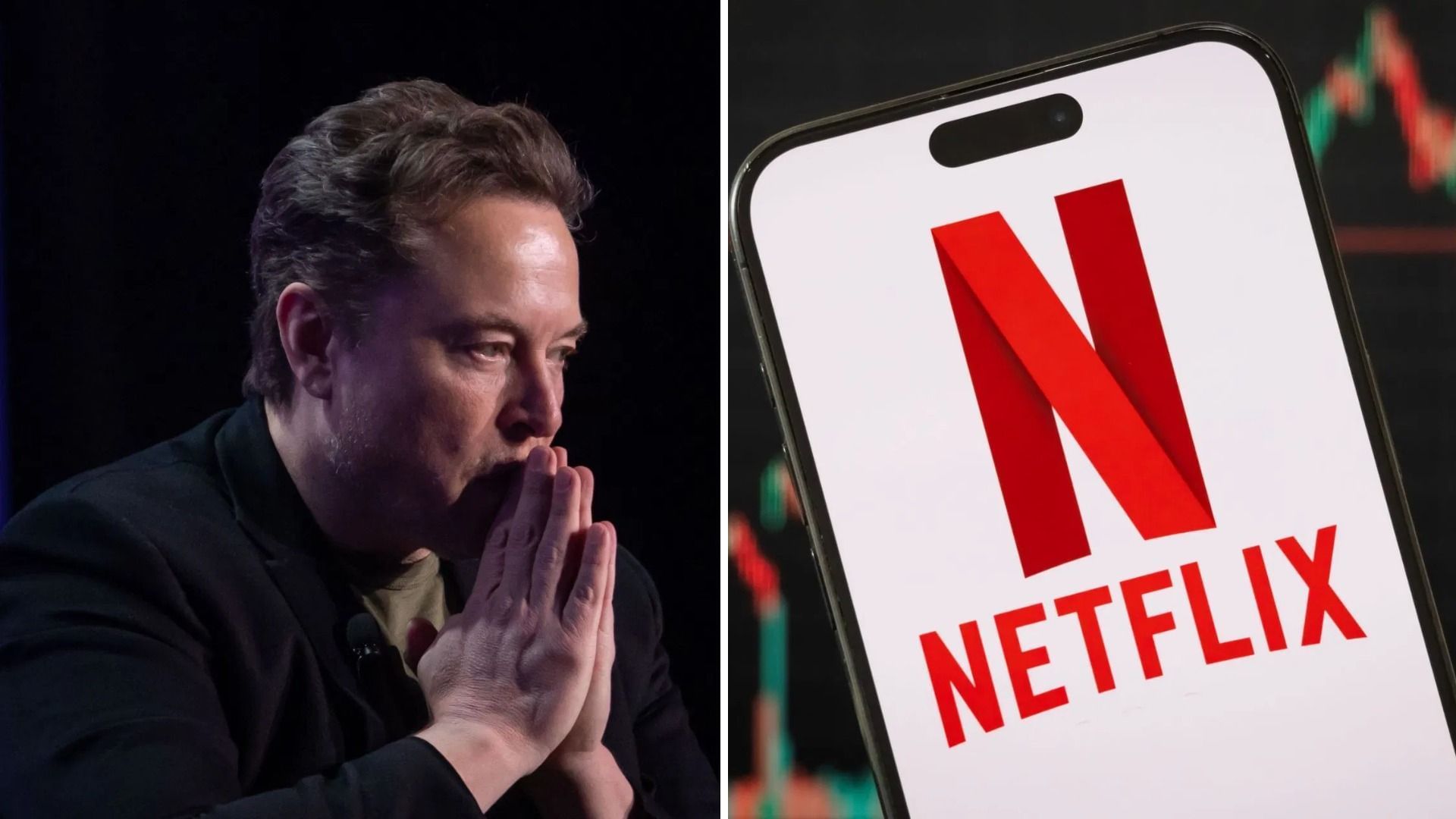 Elon Musk and Netflix logo in a smartphone (Image via Getty)