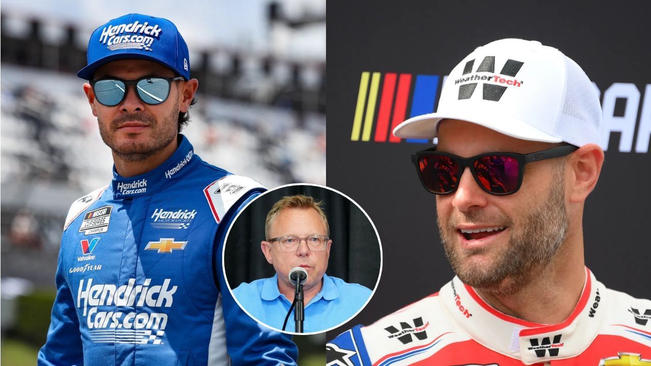 A side-by-side image of (Left) Jun 21, 2025; Long Pond, Pennsylvania, USA; NASCAR Cup Series driver Kyle Larson (5) looks on from pit road during practice and qualifying for The Great American Getaway 400 at Pocono Raceway. Mandatory Credit: Matthew O