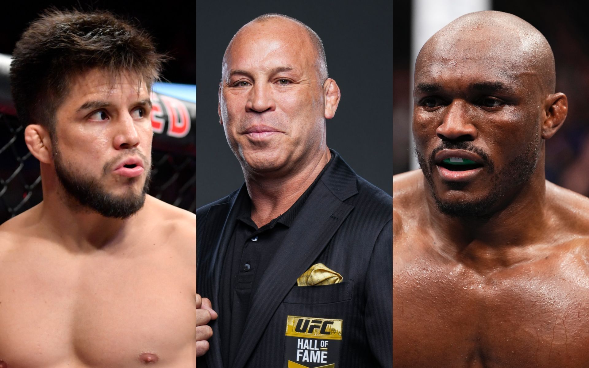 Henry Cejudo (left) and Kamaru Usman (right) react to Wanderlei Silva (middle). [Images courtesy: Getty Images]