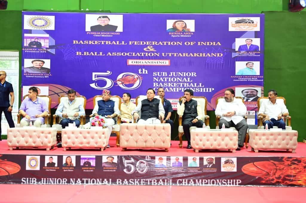 Uttarakhand CM Pushkar Singh Dhami during the inauguration of the 50th Sub-Junior National Basketball Championship (Image Credits: Press Release)