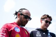 Ferrari's Lewis Hamilton (L) và George Russell của Mercedes trước FP3 cho năm 2025 F1 Grand Prix của Canada - Nguồn: Getty