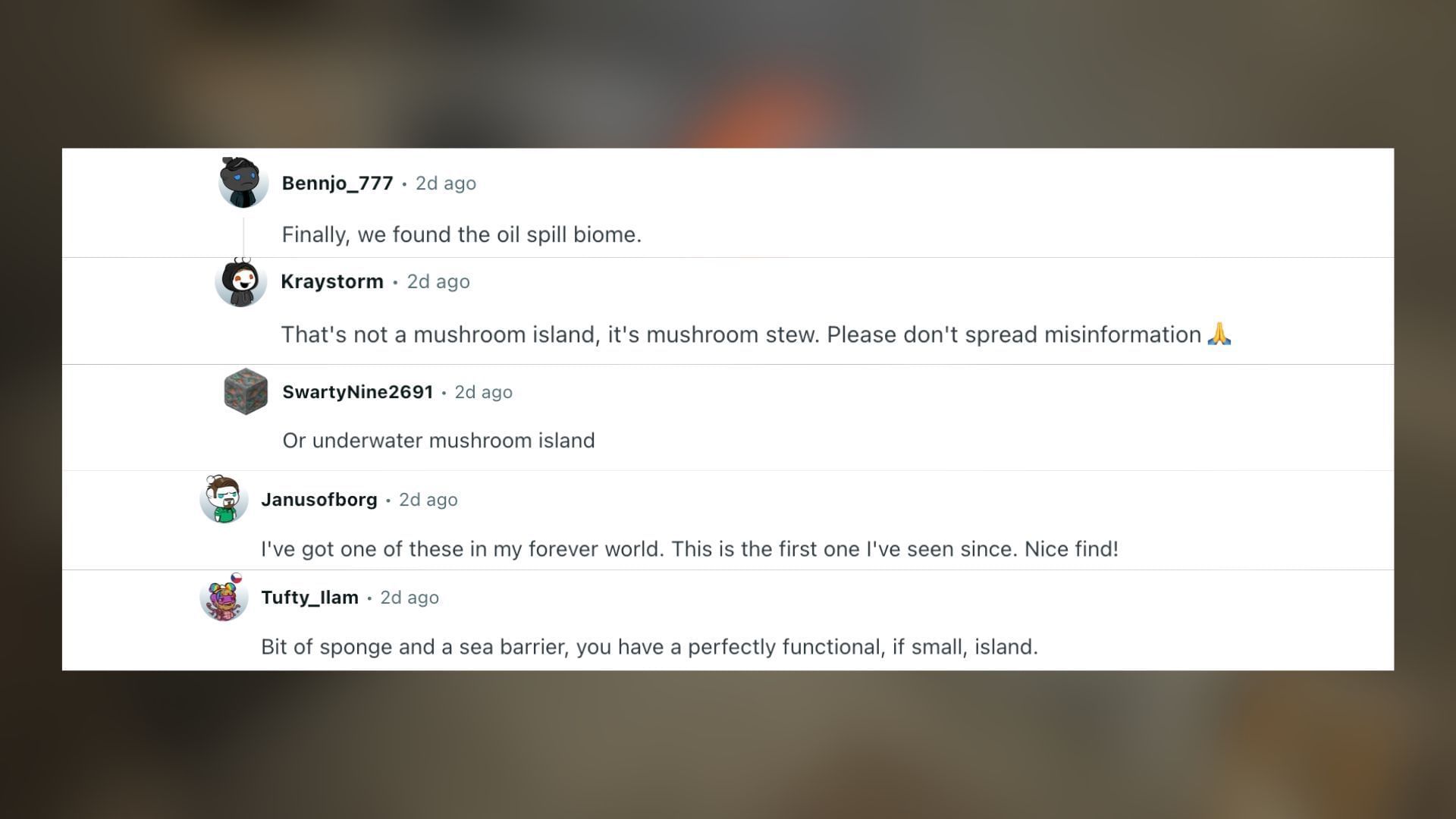 Redditors talk about the small mushroom island find in Minecraft (Image via Reddit)