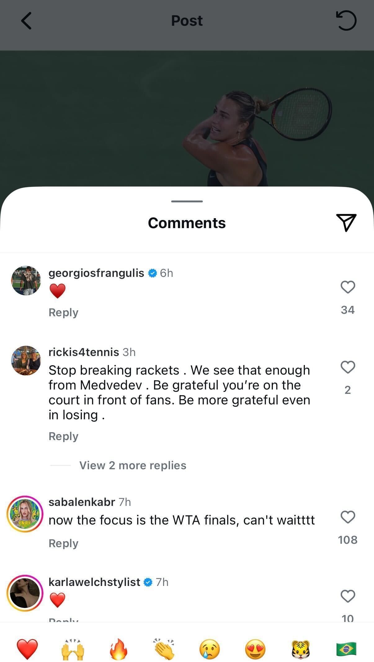 Frangulis&#039; comment on Sabalenka&#039;s Instagram post following her 2025 Wuhan Open exit (Source: Instagram/arynasabalenka)