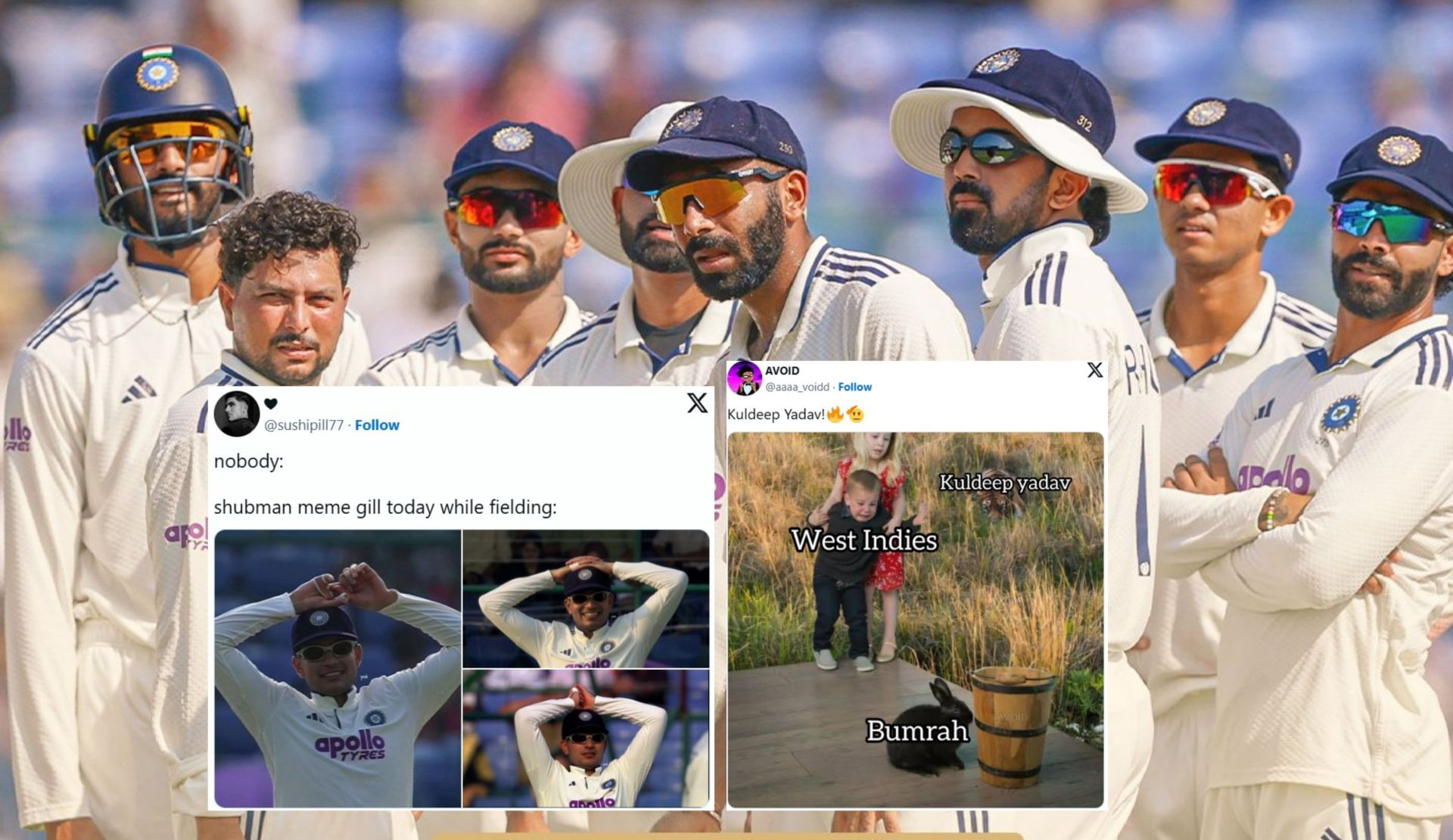 Top memes after day 3 of the 2nd IND vs WI Test. (Images: X - BCCI, @aaaa_voidd, @sushipill77)