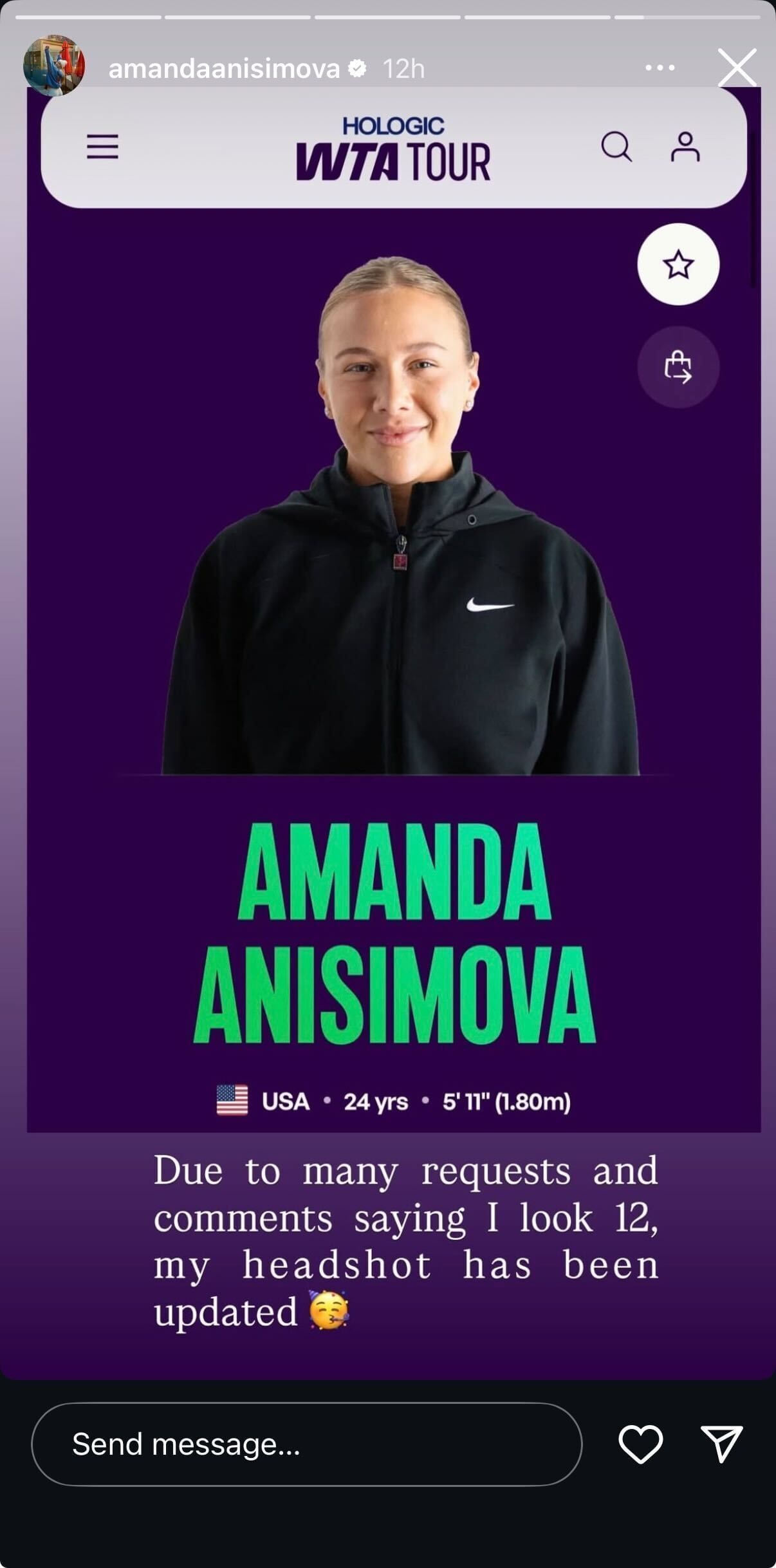 Screenshot of Amanda Anisimova&#039;s Instagram story.