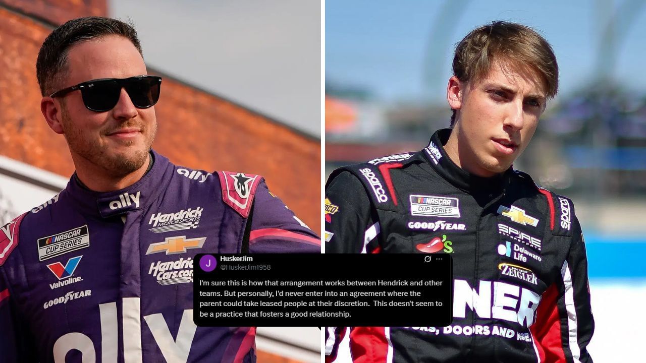 NASCAR fand react to new crew changes for Alex Bowman and Spire Motorsports teams, including Carson Hocevar (No. 77). Images via Imagn and X (@HuskerJim1958)