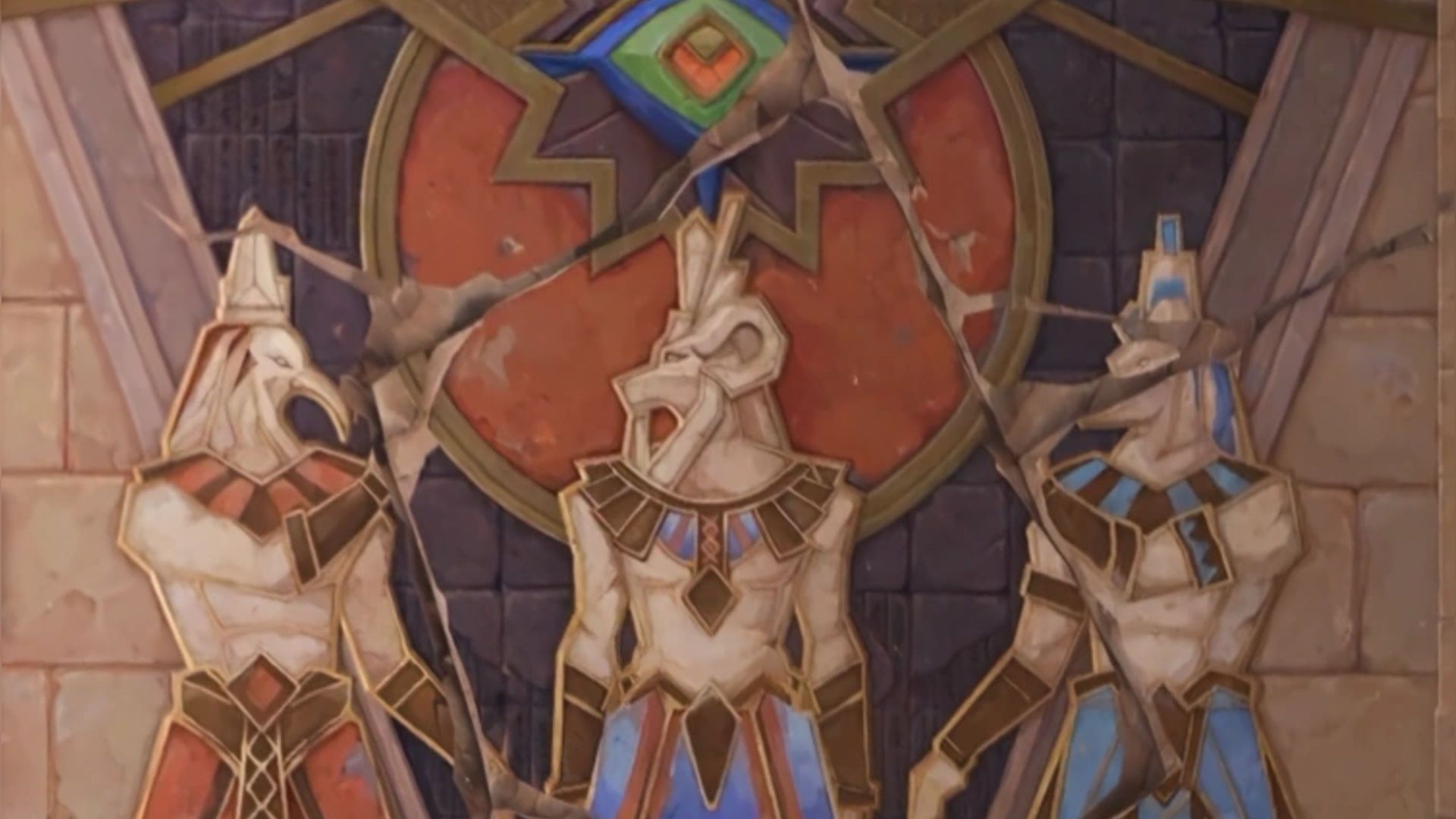 An old mural of King Deshret and three of the Pillars (Image via HoYoverse)