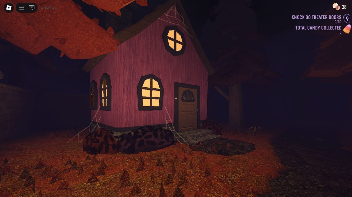DOORS Halloween event gameplay context from 2025 Halloween-themed DOORS environment with a lit house and seasonal objective from Roblox Halloween Spotlight 2025