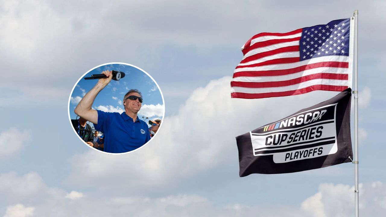 (Bg) The American and NASCAR Cup Series Playoffs flag during the NASCAR Craftsman Truck Series Sober or Slammer 200 at Darlington Raceway on August 30, 2025 in Darlington, South Carolina. (Photo by Logan Riely/Getty Images) and  NASCAR Sprint Cup Series former driver and current FOX Sports television announcer/analyst Kenny Wallace during the Daytona 500 at Daytona International Speedway. Mandatory Credit: Mark J. Rebilas-Imagn Images