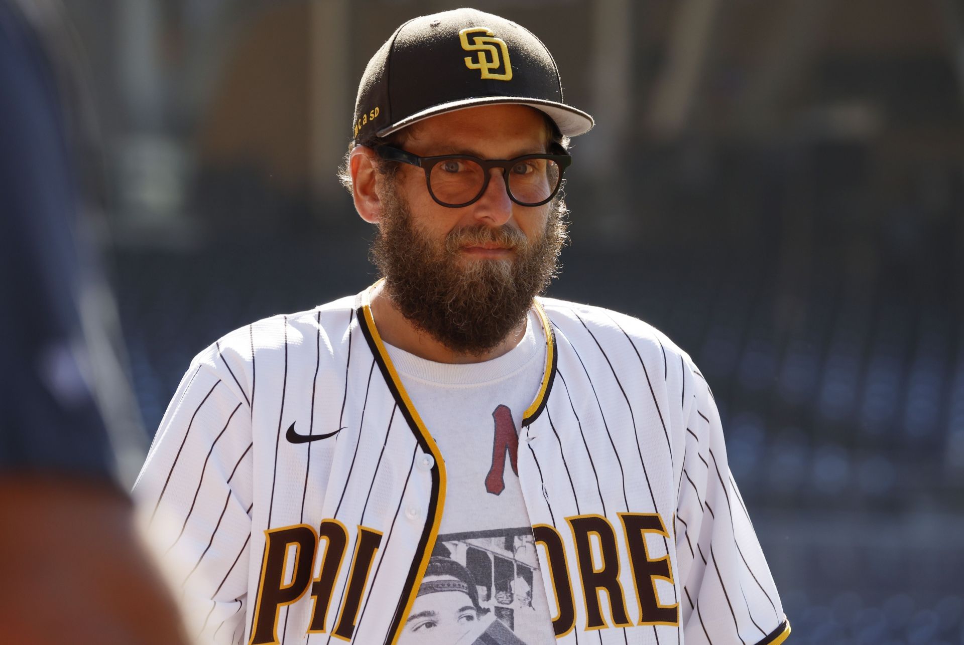 Actor Jonah Hill walks on the field after the San Diego Padres played the New York Mets at Petco Park . (K.C. Alfred / The San Diego Union-Tribune via Getty Images)