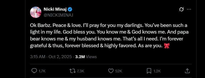 Nicki&#039;s X post on October 2 (Image via X/@NICKIMINAJ) 