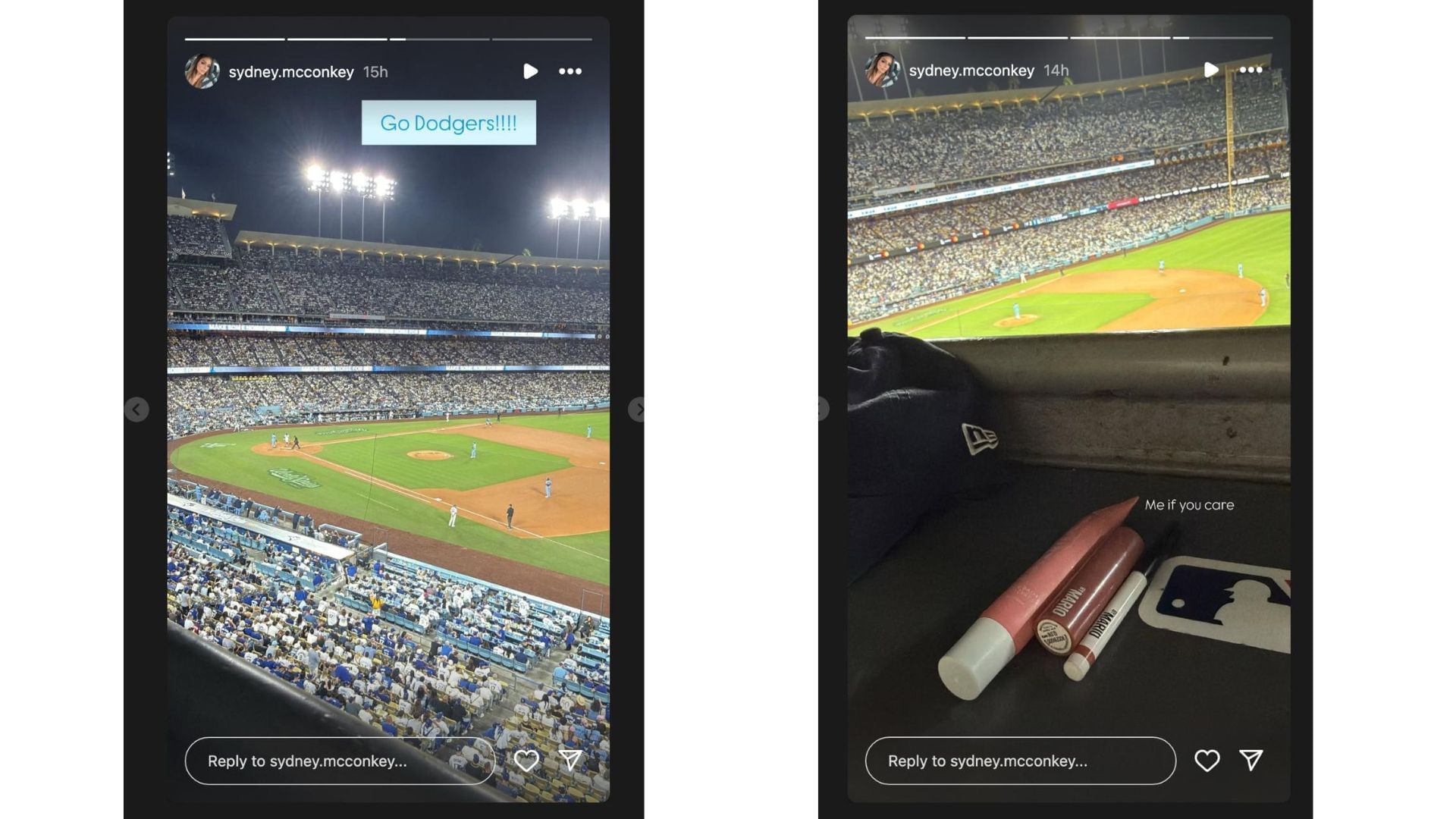Sydney McConkey cheered on the Dodgers in Game 5 of the World Series. (Photos via Sydney McConkey&#039;s Instagram Story)